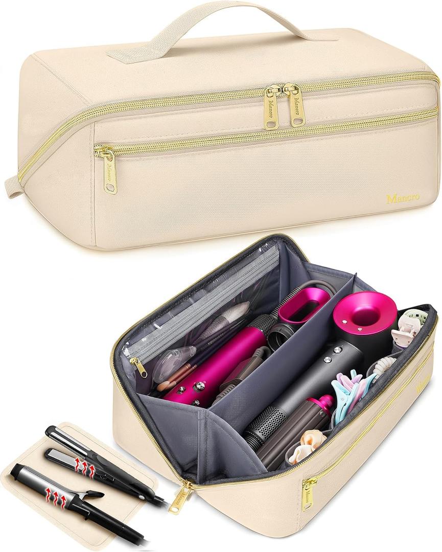 Mancro Hot Hair Tools Travel Bag with Separate Heat Resistant Mat, Large Capacity Wide-open Pouch, Hair Accessories Organizer for Flat Irons, Straighteners, Curling Iron,Travel Essentials for Women (Beige)