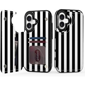 for iPhone 17 6.3 Inch Wallet Case with Card Holder, Military-Grade Drop Protection, Flip PU Leather Built, Double Magnetic Clasp and Durable Shockproof Cover - Stripes Black White