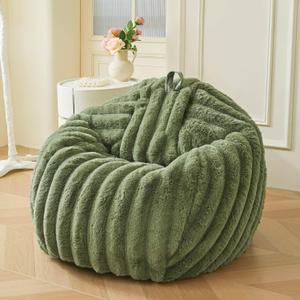 MEGO Kids Fluffy Faux Rabbit Fur Bean Bag Chair Cover(No Filler), Cozy Moss Shaggy Striped Stuffed Animal Storage Bean Bag for Plush Toys, Fuzzy Ribbed Beanbag Cover Kids Girls Teens Adult, Sage Green (Small(28"x28"x32"))