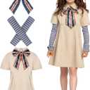 Creepy Doll Costume for Girls with Detachable Sleeves & Bow Tie, Halloween Cosplay Dress + 3-Piece Accessory Set, School Party (L)