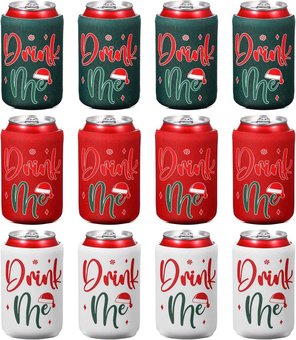 12 Pcs Christmas Can Cooler Sleeves 12 oz Drink Me Beer Drink Bottle Cooler Sleeves Reusable Beverages Can Insulated Covers for Soda Drinks Christmas Holiday Party Supplies