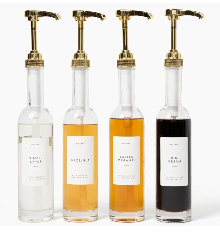 Molimoli Coffee Syrup Dispenser for Coffee Bar, 350mlCoffee Pump Dispenser, Glass Syrup Bottle w. Pumps, Simple Syrup Dispenser w. Labels,Set of 4, (Gold)