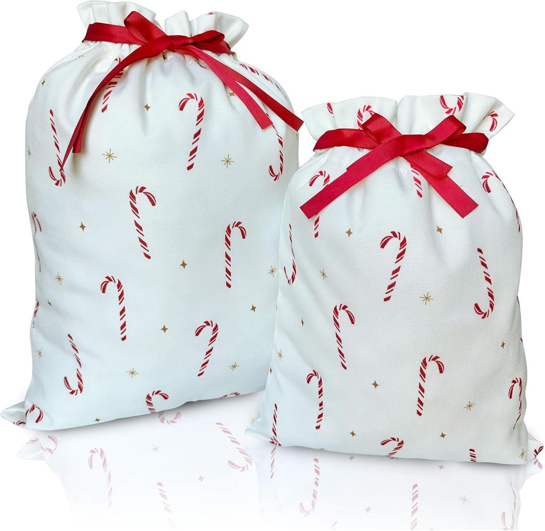 Gather & Knot Drawstring Christmas Gift Bags | 20" Large 16" Medium | Premium Canvas | Reusable Fabric Wrap for Holidays | Mix & Match | Candy Cane