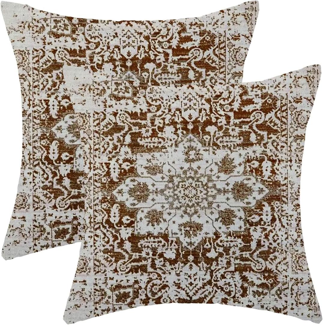 AEIOAE Boho Pillow Covers 18x18 Inch Set of 2,Brown Beige Carpet Pattern Throw Pillows Case,Ethnic Design Retro Outdoor Decorative Square Linen Farmhouse Decor Cushion Covers for Home Sofa Couch