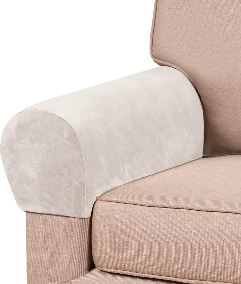 PrinceDeco 4 Pack Thick Velvet Stretch Armrest Covers for Chairs and Sofas - Non Slip, Ivory