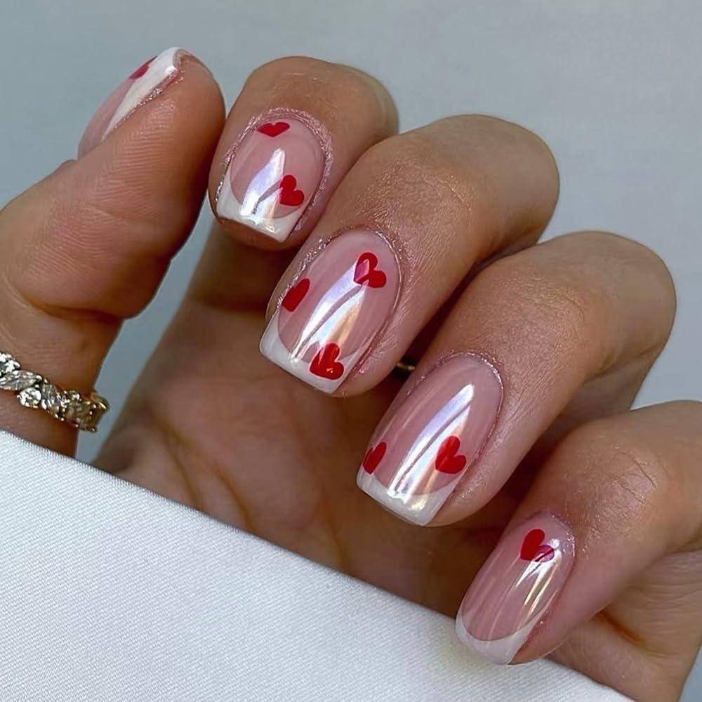 Valentines Press on Nails Short Square Chrome Nails Press on French Fake Nails with Heart Designs Cute Pink Fingernails Gel Acrylic Nails Extra Short Glue on Nails Ombre Stick on Nails for Women 24Pcs