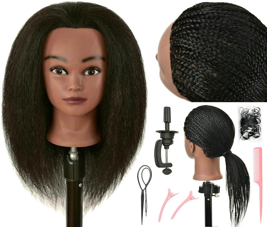 FUTAI Real 100% Human Hair Mannequin Head with Table Clamp Stand for Hairdresser Practice Braiding Styling Manikin Cosmetology Makeup Manican Doll Training Head Coloring Curling Cutting Updos Display