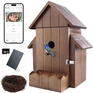 Bird House with Camera, Smart Birdhouse with Camera Solar Power, 1080p HD WiFi Outdoor Bird Box, Auto Capture Bird Videos & Motion Detection, Nesting Box for Birds (Dark Color, Normal)