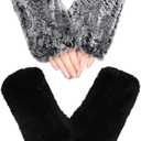 Geyoga 2 Pairs Winter Fur Gloves Rabbit Fur Mittens Knit Long Fingerless Gloves Warm Hand Muffs for Women Girls (Black and Frost Black)