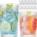wookgreat Vintage Drinking Glasses Set of 12, Textured Clear Striped Glass Cups6 Highball Glasses 13oz & 6 Rocks Glasses 10oz, Ribbed Glassware Set, Mojito Cups, Cocktail Glass, Iced Coffee Cup