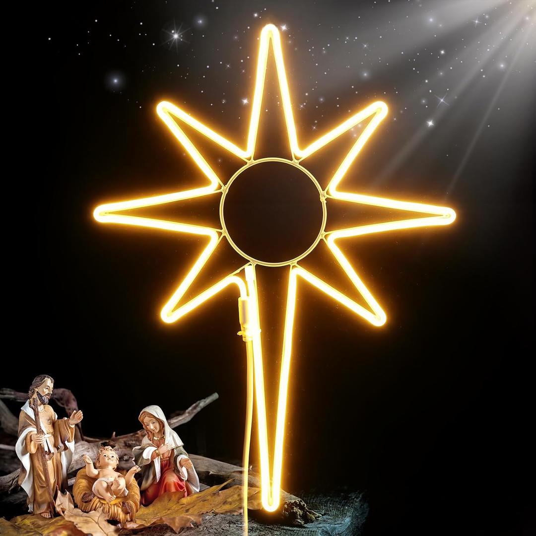 Enhon 24 Inch Large Star of Bethlehem Light, 300 LED Christmas Star Neon Lights With Auto Timing Function for Outdoor Nativity Scene, Yard, Porch Decorations, Warm White