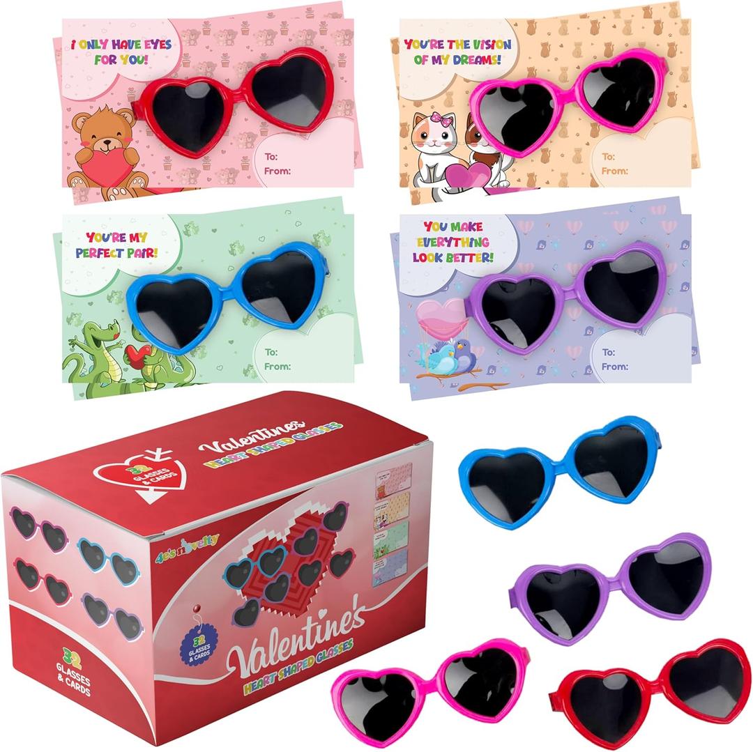 4E's Novelty 32 Pack Valentines Day Heart Glasses for Kids - Bulk Sunglasses with Valentines Cards, Valentine Day Gifts for Kid Classroom Exchange Toy with Cards, School Party Favors for Boy Girl