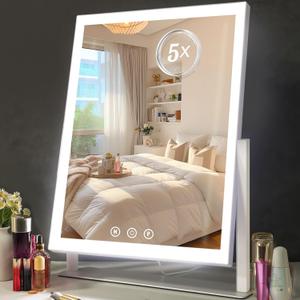 Lighted Makeup Mirror, Hollywood Vanity Mirror with 5X Magnification Mirror, 360Rotation Touch Control, 3 Color Lighting for Desks Bedroom Dressing Room, Large (17.52"x 13.58")