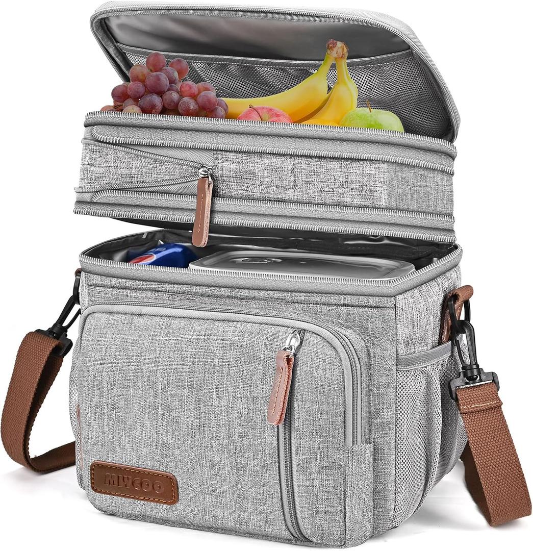 MIYCOO Lunch Bag & Lunch Box for Women Men, Double Deck Leakproof Insulated Soft Large Adult Camping Cooler bag for Work, Beach, Picnic, Travel (Grey, 15L) (Gray)