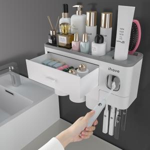 iHave Toothbrush Holders for Bathrooms, 3 Cups Toothbrush Holder Wall Mounted with Toothpaste Dispenser - Large Capacity Tray, Cosmetic Drawer - Bathroom Accessories & Bathroom Organization Storage (White)