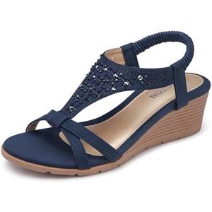 TEMOFON Women's Low Wedge Heels Summer Dressy Platform Sandals Elastic Ankle Strap Open Toe Flower Shoes Size 38