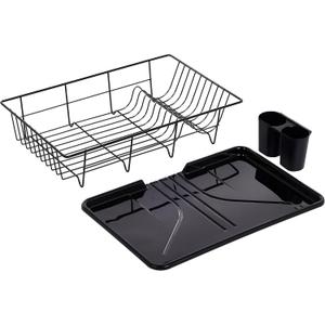 Sweet Home Collection Metal, Plasic ,Dish Drainer Drain Board and Utensil Holder Simple Easy to Use, 12" x 19" x 5", Black