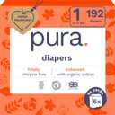Pura Hypoallergenic Diapers, Size 1 (4-11 lbs), Monthly Pack, Totally Chlorine Free, Wetness Indicator, Suitable for Sensitive Skin, Soft Cotton Comfort, Overnight, 6 Packs of 32 (192 Baby Diapers)
