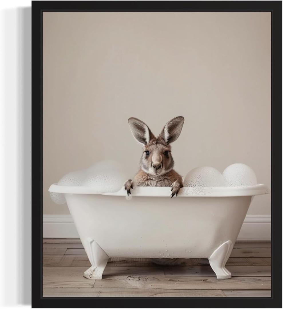 Kangaroo in Bathtub Wall Art Print Poster, Bathroom Decor Gallery Posters Prints for Restroom Home Picture Painting Artwork (Kangaroo, 8 x 10 inches, Unframed)