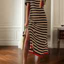 Dokotoo Women's Summer Casual Trendy 2026 Short Sleeve Maxi Dress Striped Split Vacation Color Block T-Shirt Dress (Brown, L)