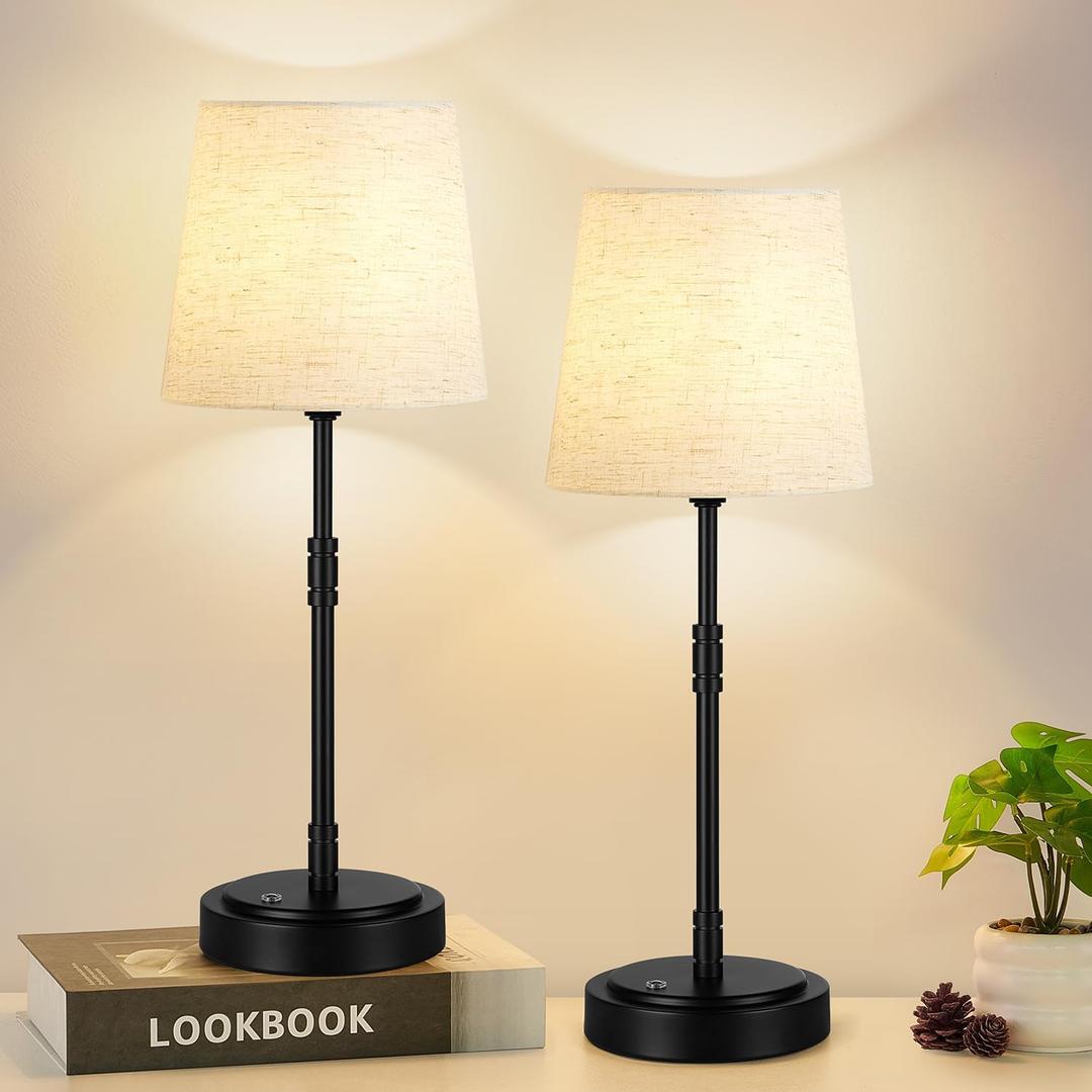 Cordless Table Lamps Set of 2  Battery Operated Lamp with 7500mAh Rechargeable Battery, Stepless Dimmable Black Lamps with Beige Shade, Wireless Lamps for Dining Room & Nightstand (Bulbs Included)