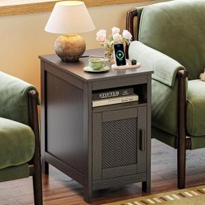 Huuger Narrow Night Stand, End Table with Charging Station, USB-C Port, Rattan Side Table with Cabinet and Open Shelf, Synthetic Rattan, for Small Spaces, Bedroom, Black