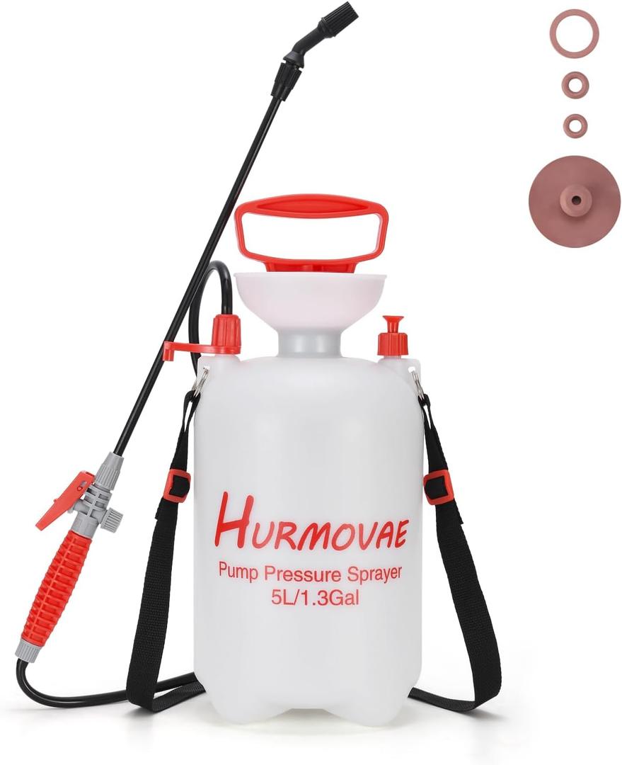 1.35 Gallon Viton Seal Pump Sprayers in Lawn and Garden for Weed Control and Plant Watering, Yard Sprayer with Strap, Adjustable Nozzle, Long Wand and Extra Seals, Spray Bottles, Red