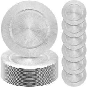 Tanlade 50 Pcs Charger Plates Bulk, 13 Inch Round Charger Plates Plastic Wedding Dinner Elegant Reusable for Table Setting Wedding Party Event Tabletop Setting Decor (Silver)