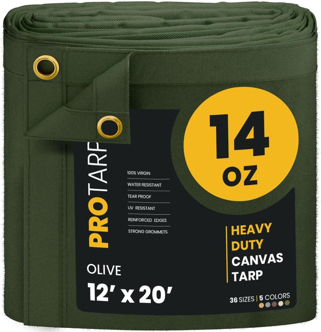 Heavy Duty 14 OZ Water Resistant Canvas Tarp, UV Resistant Tarpaulin Cover with Rustproof Brass Grommets, Multipurpose for Canopy, Roof, Camping, Woodpile (Olive 12'X20')