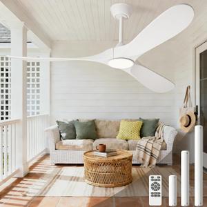 White 60 inch Ceiling Fan with Light and Remote, Modern Outdoor Ceiling Fans with Lights for Indoor Living Room Patios Porch Bedroom 3 Blade Propeller High CFM Wet Rated Wooden Fan