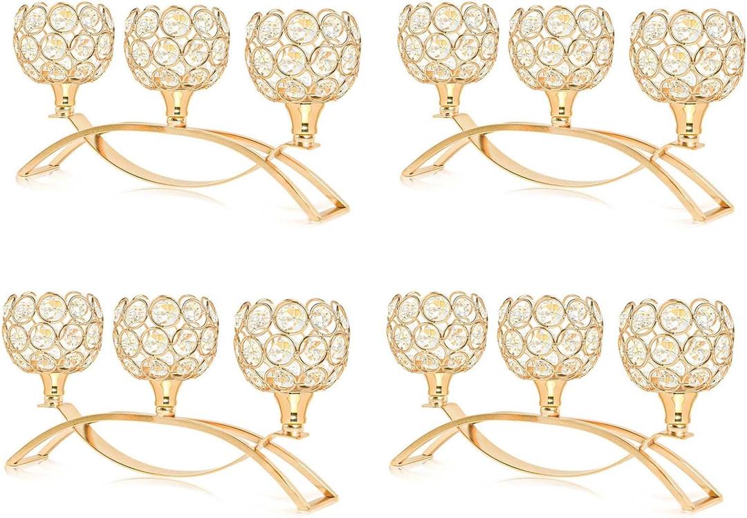 Crystal Tealight Candle Holder Centerpiece Home Decorative Candlestick Holder Elegant Table Centerpiece Home Decor Wedding Party Anniversary (Gold, 3 Arm of 4 Pcs)