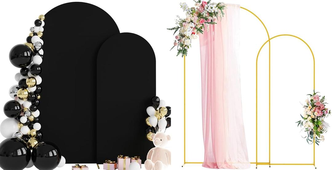 Wokceer Wedding Arch Backdrop Stand and Cover Set of 2 Metal Arch Stand with Arch Cover Black 7.2FT, 6FT for Birthday Party Wedding Ceremony Bridal Baby Shower Event Decor