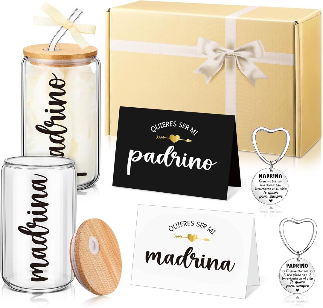 Mimorou 7 Pcs Christmas Godparents Proposal Gift Set Will You Be My Godmother Godfather Gift with Glass Cups Keychains Cards Box for Birthday Baptism Baby Shower Gender Reveal