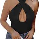 REORIA Butsmooth® Women's Trendy Sexy Criss Cross Halter Neck Sleeveless Thong Bodysuits Tops Clubwear Large