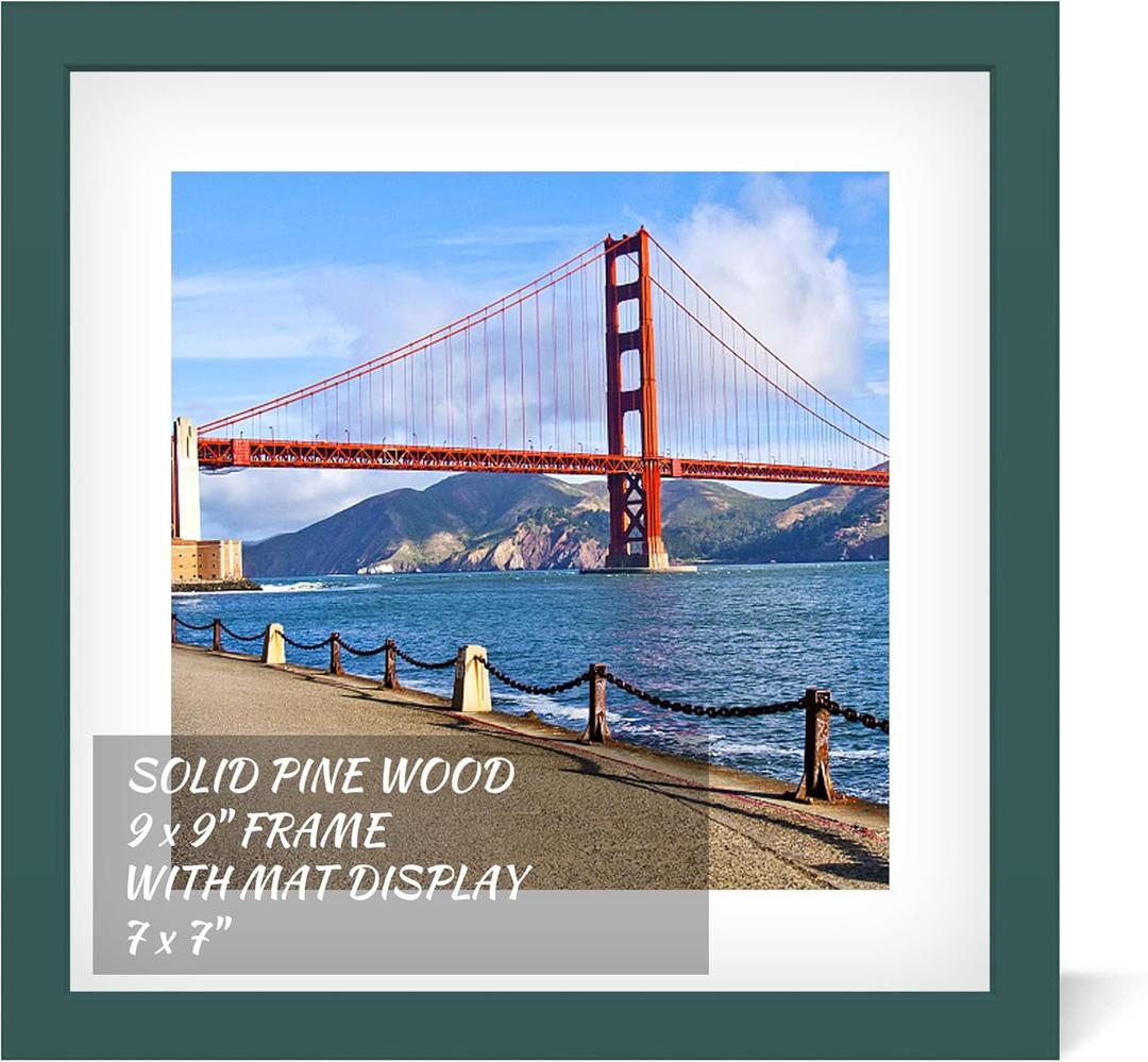 9x9 Inch Wood Picture Frame for Wall Hanging or Tabletop Square Photo Frames with 1 Mats Display 7x7 Inch for Christmas,Baby Scan,Posterw (Dark Green)