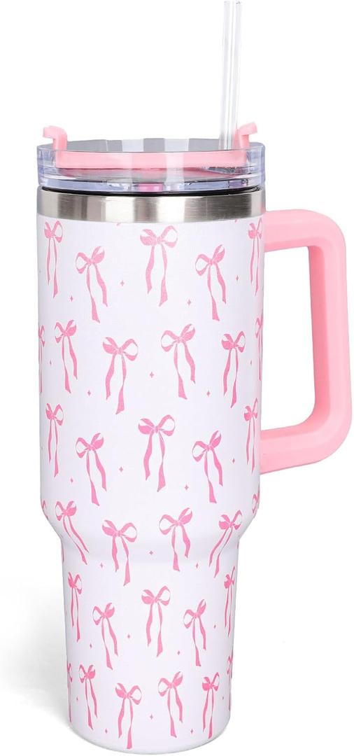 Whaline 40 oz Pink Bow Tumbler with Handle Straw and Lid Bow-Knot Travel Coffee Tumbler Cup for Women Friend Holiday Birthday Gift