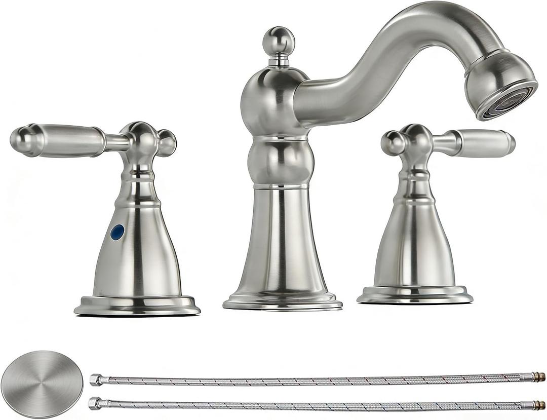 RKF Bathroom Faucets for Sink 3 Brushed Nickel 8 inch Widespread Bathroom Sink Faucet with Drain Double Lever Handle Faucet Bathroom Vanity Faucet Basin Mixer Tap WF013BN