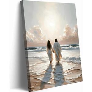 Jesus Canvas Wall Art Jesus Woman Walking on Water Wall decor pictures Religious Coastal Painting Christian poster prints for living room bedroom Home Decoration Ready to hang (16in x 24in Canvas)