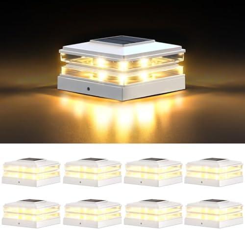 8 Pack Solar Post Cap Lights Outdoor Waterproof, Warm & Cool White, White | Fits 4x4 Wooden and Vinyl Posts,Fence Deck Post Lights, High-Brightness LEDs