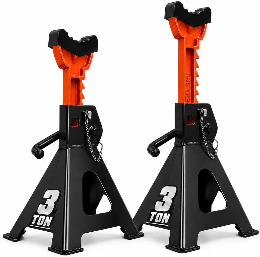 Jack Stands, 3 Ton Capacity with Rubber Cover and Large Foot Base, Double Locking Car Lifting Stand, Black Orange, 1 Pair