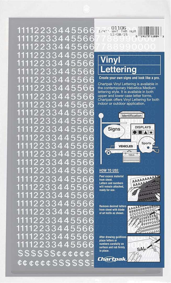 Chartpak Self-Adhesive Vinyl Numbers, 1/4 Inch High, White, 718 per Pack (01106)