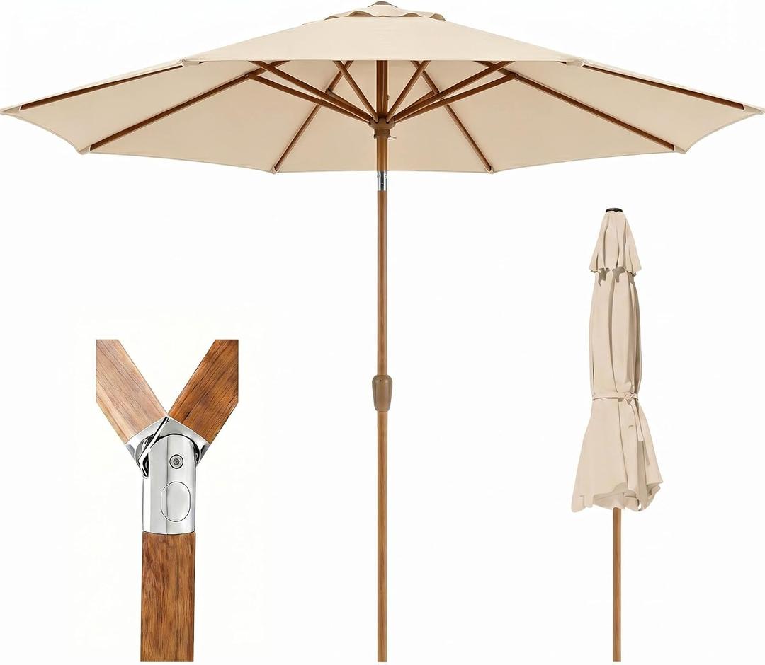 9ft Outdoor Patio Umbrella, Market Table Umbrella with Crank and Easy Push Button Tilt, Wood Grain Frame, UPF 50+ for Pool, Garden, Deck, Backyard