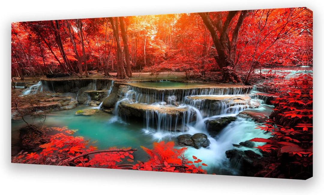 Muolunna BK03950 Wall Art Decor Canvas Print Picture Red Forest Waterfalls 1 Piece Modern Landscape Tree for Living Room Bedroom Kitchen Office Home Decorations Stretched and Framed Ready to Hang (40"L x 20"W)