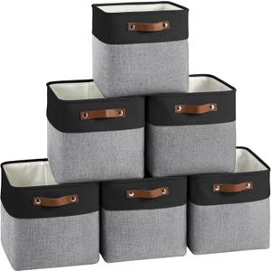 Cube Storage Baskets 6 Pack, 11x11 inch Cube Storage Bins with Leather Handles for Shelf Closet (Black/ Gray)