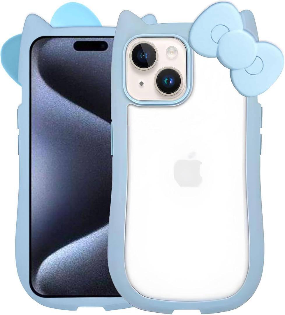 Compatible with iPhone 14 Case iPhone 13 Case Cute 3D Bow for Women Girls, Kawii Cat Ear Kitty Design Soft Silicone and Clear Hard Shockproof Blue Phone Case for iPhone 14/13 6.1inch