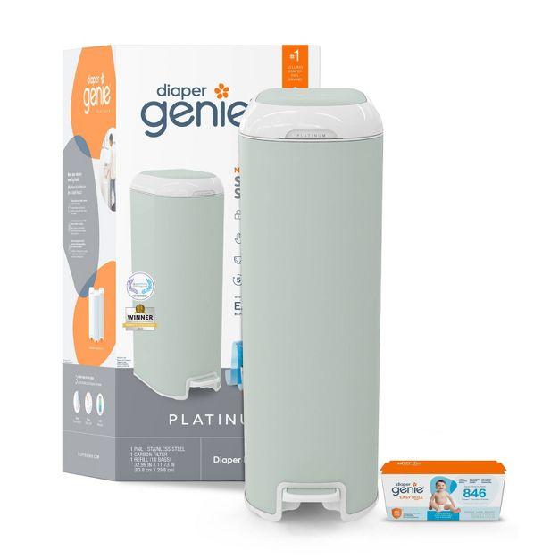 Diaper Genie Platinum Pail (Sage Green) is Made in Durable Stainless Steel and Includes 1 Easy Roll Refill with 18 Bags That can Last up to 5 Months.