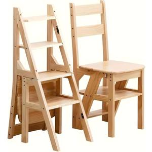4 Tier Folding Step Ladder, 3-in-1 Wooden Folding Ladder Chair, Portable Multi-Function Step Stool, 198 lbs Capacity Indoor and Outdoor Display Rack Flower Rack,for Library,Home,Kitchen (Wood color)