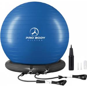 ProBody Pilates Yoga Ball Chair, Exercise Ball Chair with Base or Stand for Home Office Desk Sitting or Workout, 65cm Antiburst Balance & Stability Ball Seat, Large Gym Ball for Back, Abs (Blue with Bands)