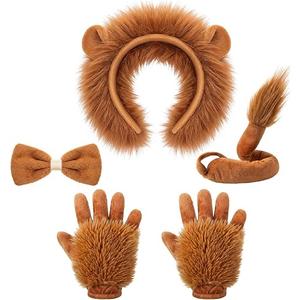 Haysandy 5 Pcs Lion Costume Set Lion Ears Headband Paw Gloves Bow Tie and Tail Halloween Cosplay Party Accessories for Kids Animal Themed Costume Dress up