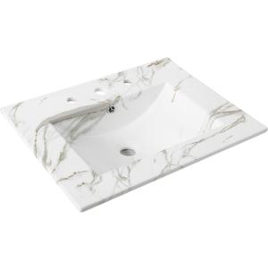 JONATHAN Y Ancillary 24 in. W x 18.25 in. D Ceramic Vanity Sink Top with 3-Hole Rectangular Single Sink Basin, White Marble Effect SNK1001C
